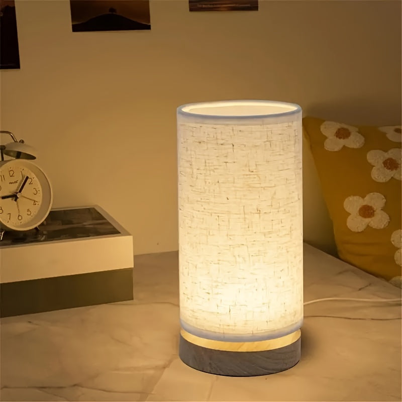 Modern LED Desk Lamp Wood Base Linen Gray