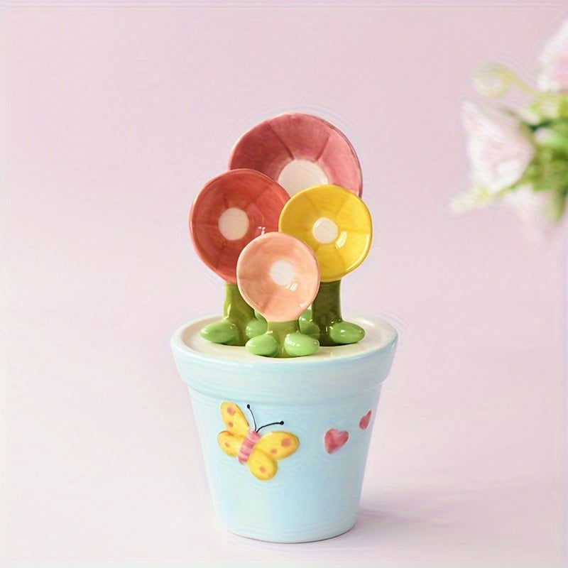 Flower Measuring Spoon Set Ceramic Holder